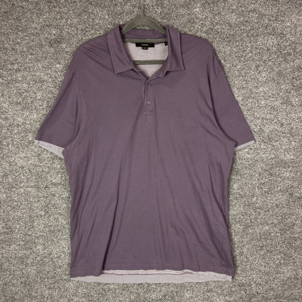 Vince Mens Purple Pima‎ Cotton Double Layer Striped Trim Polo Shirt Size Large